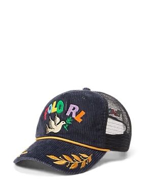 Polo Ralph Lauren Navy Corduroy PEACE LOVE DOVE Trucker Baseball Hat Cap O/S